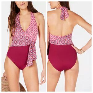 Lauren Ralph Lauren womens one piece swimsuit wrap pink geometric stretch 4